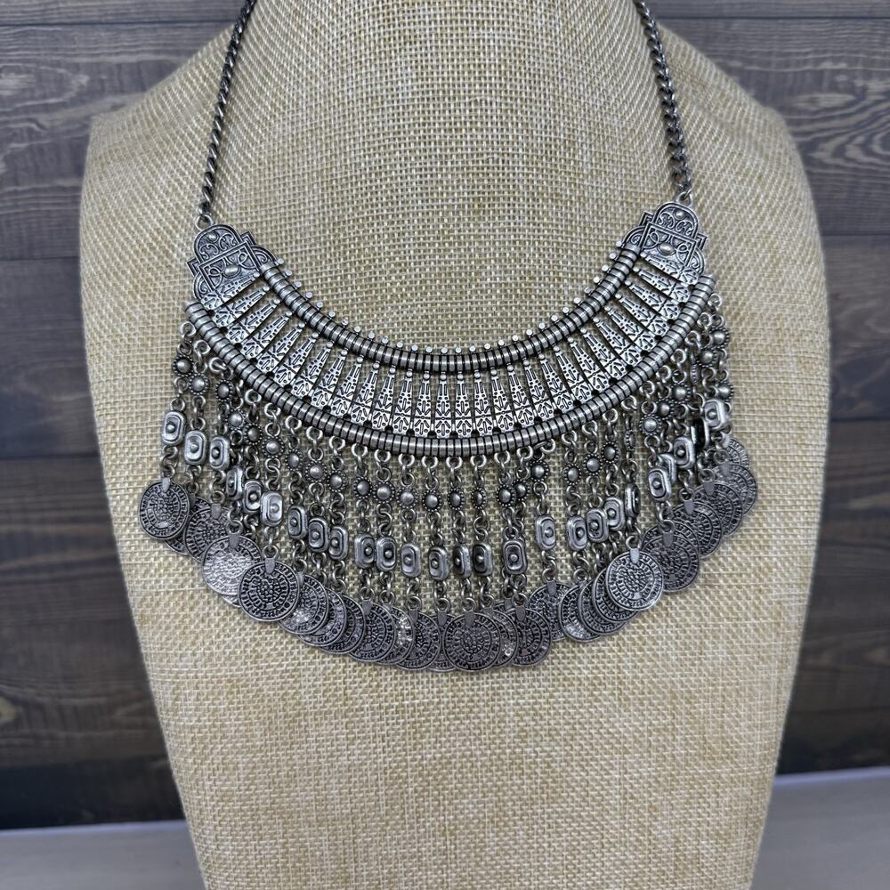 Vintage Silver Tone Coin Charm Statement Boho Bib Collar Necklace